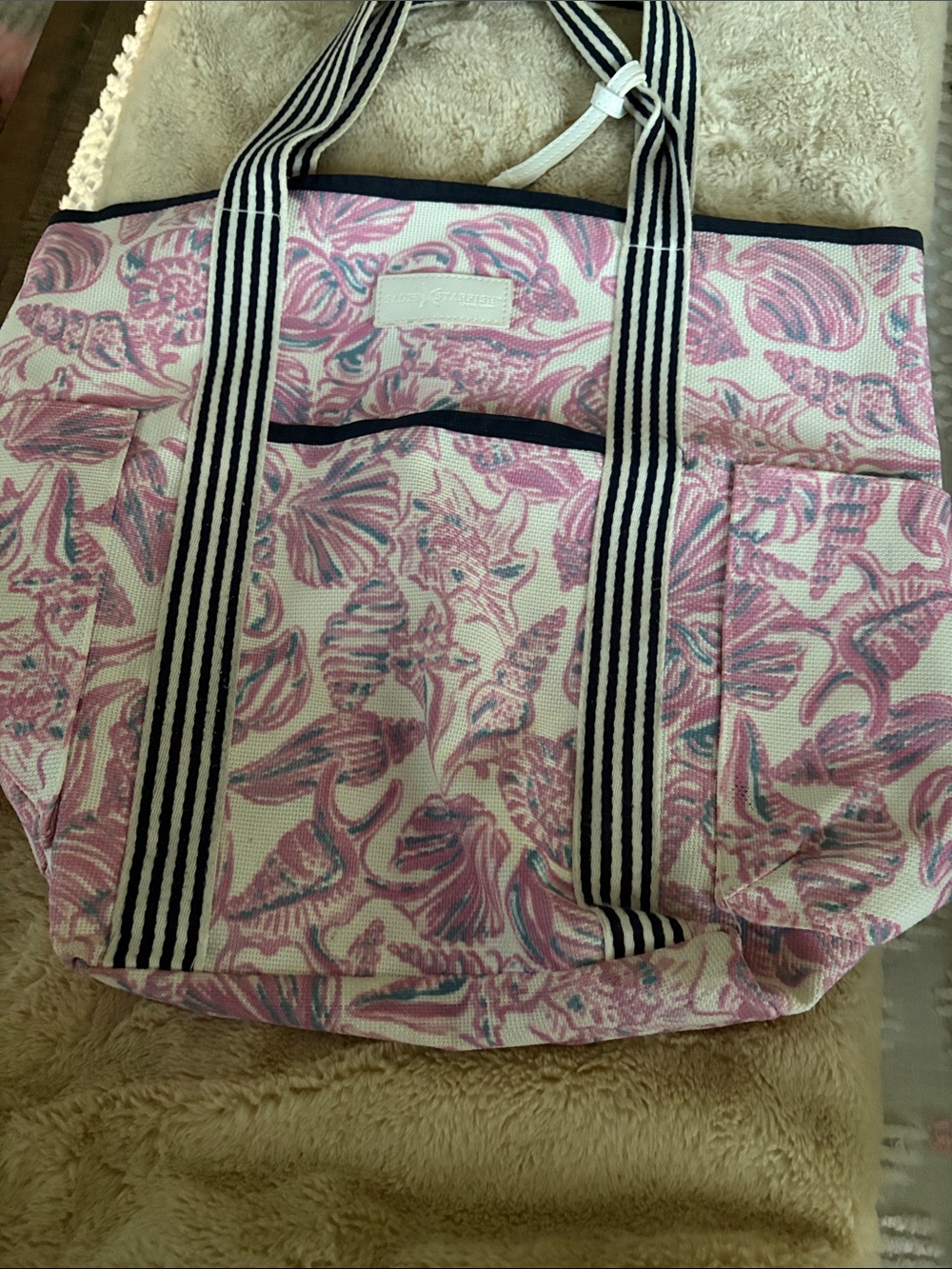 Striped-Handle Pink Shell Print Tote Bag